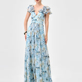 MARKOVA FRILL SHOULDER MAXI BL83D0103 - Blue/Silver Print