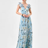 MARKOVA FRILL SHOULDER MAXI BL83D0103 - Blue/Silver Print