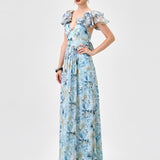 MARKOVA FRILL SHOULDER MAXI BL83D0103 - Blue/Silver Print